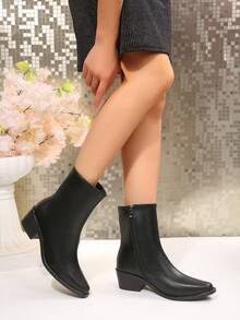 Women's Thick Sole Ankle Boots, Fitted Boots, French Style High Heel Ankle Boots, Suitable For Autumn/Winter - Black - View 7