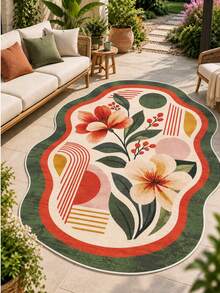 Pinkie Home - 1pc Asymmetrical Irregular Shape Floral Rug - Modern Aesthetic, Machine Washable, Non-Slip - Print Living Room Rug Area Rug/Carpet/Bath Mat, Suitable For Bathroom, Kitchen, Entryway, Hallway, Bedside, Living Room, Bedroom, Home Decor - Green - View 1