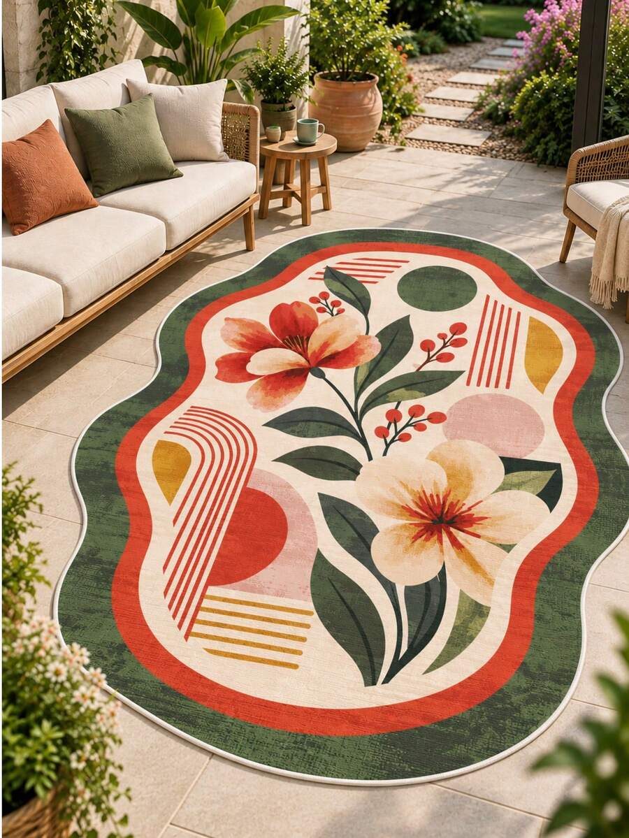 Pinkie Home - 1pc Asymmetrical Irregular Shape Floral Rug - Modern Aesthetic, Machine Washable, Non-Slip - Print Living Room Rug Area Rug/Carpet/Bath Mat, Suitable For Bathroom, Kitchen, Entryway, Hallway, Bedside, Living Room, Bedroom, Home Decor - Green - View 1