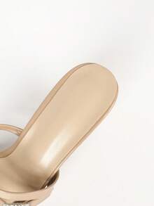 Nude Shiny Crisscross Pointed Toe Mule Sandals, Rhinestone Square Buckle Stiletto Dress Heels For Evening - Apricot - View 10