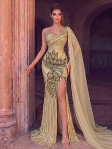 Elegant One-Shoulder Sequin Evening Gown, Side Draping Design, Back Tie, High Slit, Mermaid Tail Hem With Train, Suitable For Red Carpet Events And Black Tie Galas - Champagne - View 7