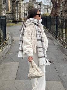 1pc Scarf Winter New Mohair Checkered Warm Scarf, Thickened Shawl - Beige - View 4