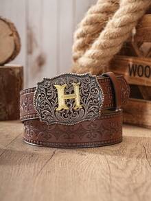 1pc Western Cowboy Style Belt With Letter Embossed Metal Buckle, PU Leather Embossed Belt, Unisex (Includes 1 Hole Puncher) - Coffee Brown - View 8