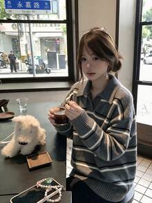 Korean Style Grey Autumn/Winter Striped Colorblock Collared Pullover Long Sleeve Sweater For Women - Grey - View 5