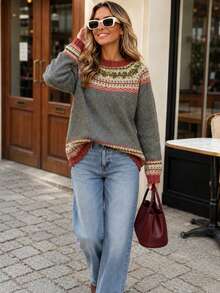 Plus Size Women's Casual Comfortable Fair Isle Pattern Crew Neck Long Sleeve Pullover Sweater - Multicolor - View 1