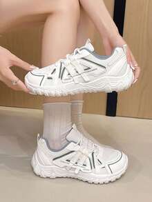 1 Pair Women's Patchwork PU Leather Lace-Up Mesh Casual Outdoor Sneakers, Versatile Fashion Daily Commute Shoes, All-Season Wear - White - View 5