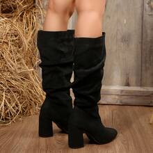 European & American Style Suede Slouchy Mid-Calf Knee-High Boots, Pointed Toe Chunky Heel Ruched Shaft, Autumn/Winter Daily Party Fashion Women's Boots - Black - View 8