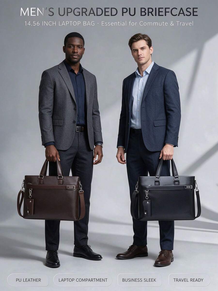 Men's PU Material Upgraded Briefcase, Black, Brown, 2 Colors Available, Matching Same-Color Keychain, 14.56inch Laptop Bag, Large Capacity Handbag, Suitable For Travel, Commute, Campus Teacher Gift - Upgraded Briefcase - View 1
