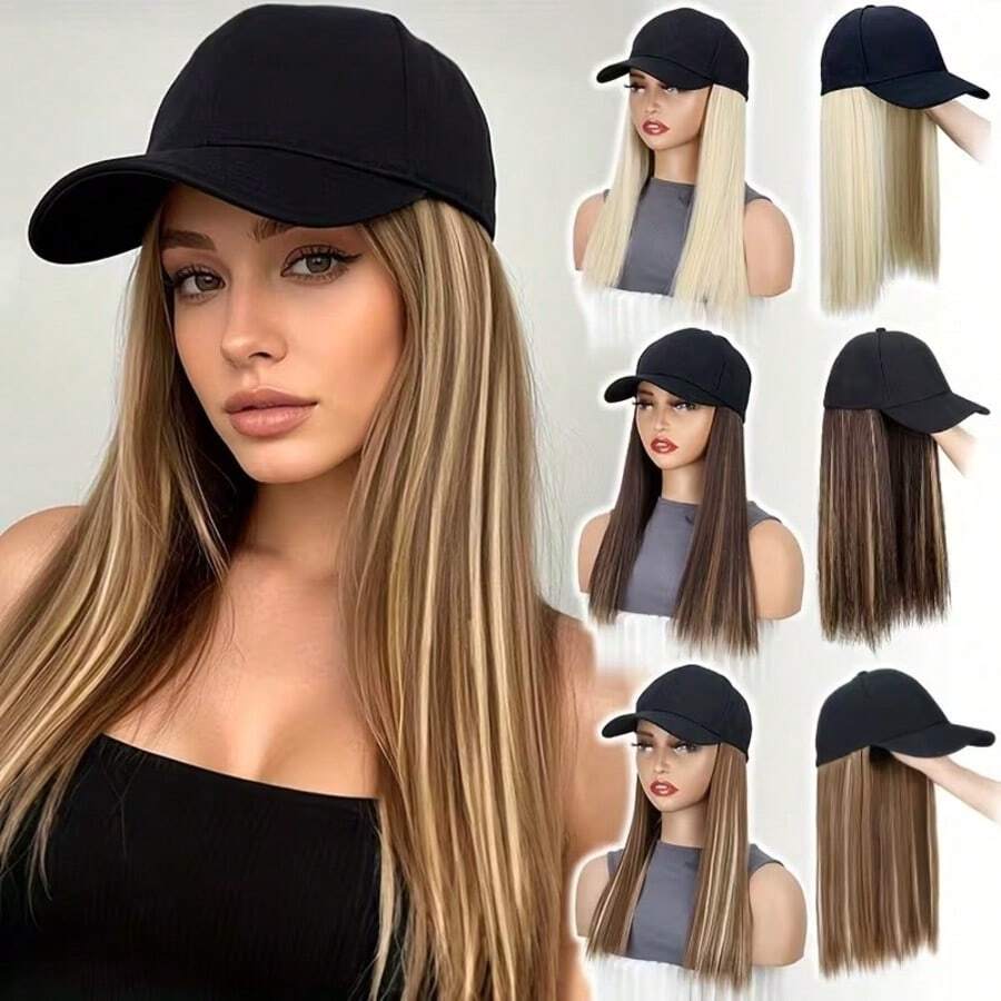 Synthetic Hat Wig With Long Straight Black Hair Baseball Cap Hair Extension Stylish Convenient All-In-One Design For Women - Multicolor - View 1