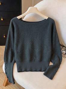 BYGOUBY Autumn/Winter Fashion Women's Cold Shoulder Batwing Sleeve Button Detail Knit Sweater, Casual Soft Comfortable Pullover Top - Grey - View 1