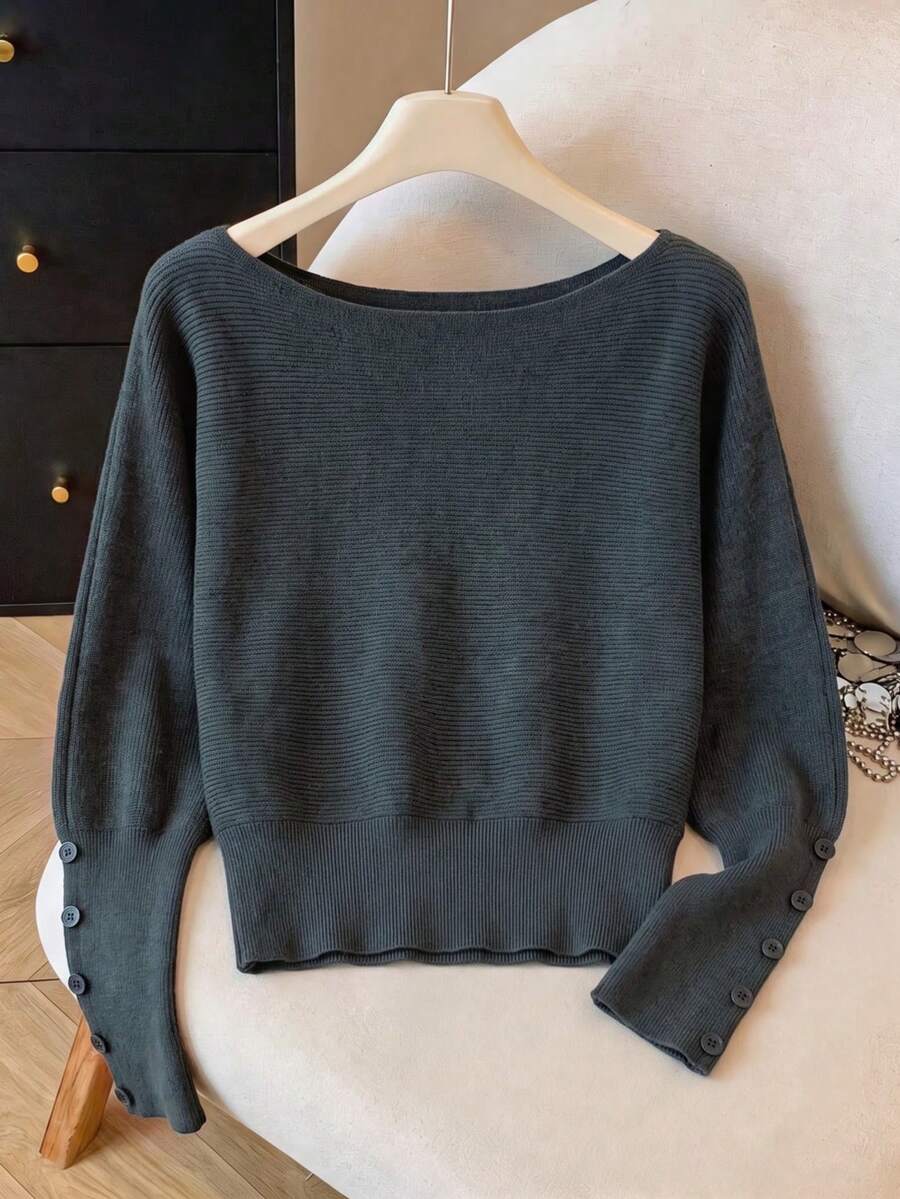 BYGOUBY Autumn/Winter Fashion Women's Cold Shoulder Batwing Sleeve Button Detail Knit Sweater, Casual Soft Comfortable Pullover Top - Grey - View 1