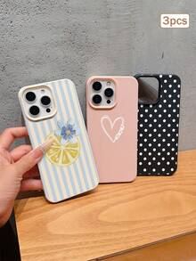 3件裝波點愛心條紋元素 TPU 防震全包覆精準保護手機殼，適用於 Apple 11/12/13/14/15/16/17 Pro Max - 彩色 - 查看 1