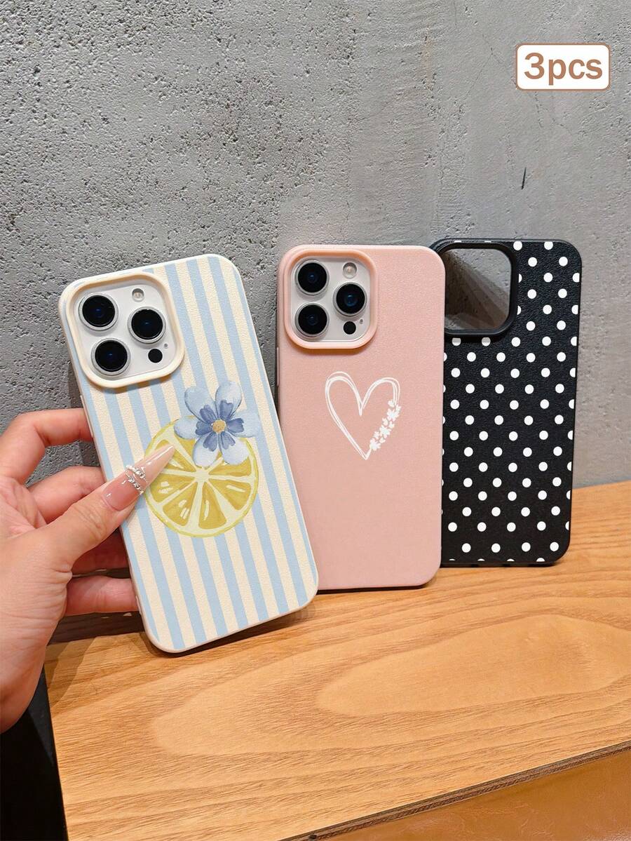 3件裝波點愛心條紋元素 TPU 防震全包覆精準保護手機殼,適用於 Apple 11/12/13/14/15/16/17 Pro Max - 彩色 - 查看 1