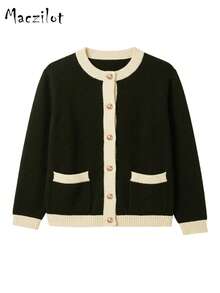 Plus Size Women Fall Winter Contrast Color Knit Cardigan, Round Neck Gold Button Pocket Sweater, Slim Casual Commute Shopping Outwear - Black - View 5
