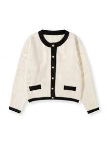 Fashion Women's Knitted Cardigan Black Trim Round Neck Pearl Button Design Versatile Autumn/Winter New Commuter Clothing - Black and White - View 6