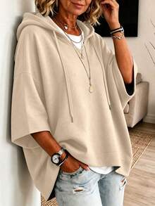 Plus Size Women's 3/4 Sleeve Hooded Drawstring Pullover Sweatshirt, Regular Length Casual Top, Comfortable For Autumn/Winter Wear - Khaki - View 4