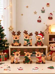 1 Set 6pcs Wooden Christmas Tabletop Decor, Cute Reindeer Decoration, Suitable For Holiday Party, Home Fireplace Decoration, Christmas Gift Decoration - Multicolor - View 8