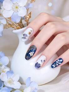 中式金箔美甲貼紙 藍金蓮花與祥雲圖案 美甲DIY裝飾 - 彩色 - 查看 2