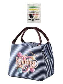 Printed Yarn, Scissors And Knitting Needles Handbag For Storing Sewing Tools, Makeup, And Small Personal Items. Multiple Fresh Striped Color Combinations, Suitable For Handmade Enthusiasts And Commuting, Artistic Handmade Healing Style, Perfect As A Practical Creative Gift Handbag For Girls Who Love Knitting And Sewing - A - View 20