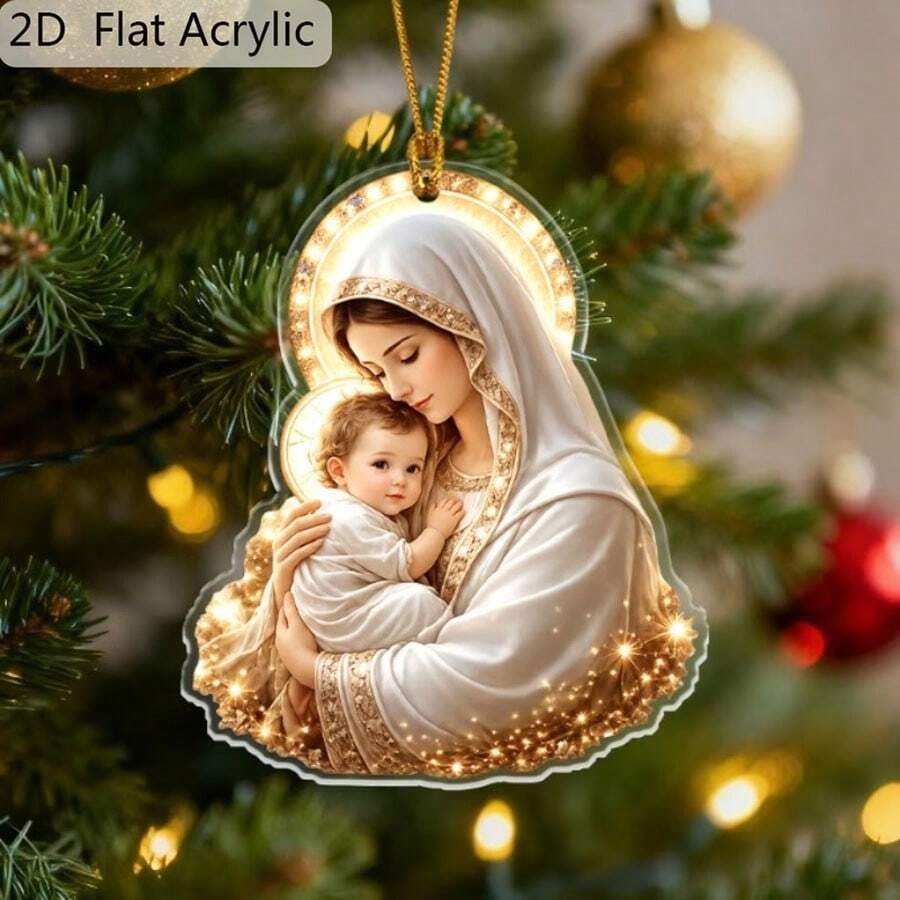 1PC 2D Flat Acrylic Virgin Mary & Jesus Pendant, Shiny Gold Holy Religious Christmas Decoration, Hanging Ornament, Christian Home Gift, For Christmas Tree, Car, Window - Multicolor - View 1