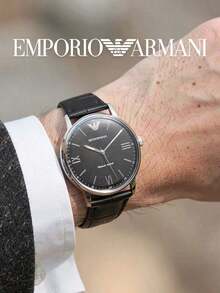 Emporio Armani Minimalist Men's Quartz Watch, Silver Case Black Dial Roman Numerals, Crocodile Embossed Black Leather Strap Business Formal Men's Watch - one-size - View 3