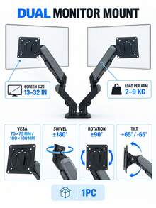 1pc Adjustable Gas Spring Dual Monitor Arm, Fits Two 13-32 Inch Screens, Single Arm Load Capacity 2-9kg, Supports VESA 75x75mm And 100x100mm, Tilt And Swivel, Cable Management, Clamp And Grommet Base, Suitable For Home Office, Gaming And Workstation - View 4