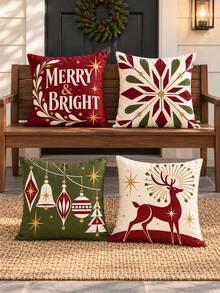 4 Buah Sarung Bantal Geometris Vintage Natal, Tulisan Merry & Bright, Pola Kepingan Salju, Ornamen & Rusa Kutub, Dekorasi Sofa Kamar Tidur Gaya Modern Pertengahan Abad Amerika, Cetakan Satu Sisi Super Lembut Imitasi, Isian Bantal Tidak Termasuk - MultiWarna - View 5