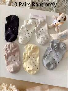 10 Pairs Women's Boat Socks, Polka Dot Ankle Socks, Suitable For All Seasons, Random Color - Multicolor - View 7