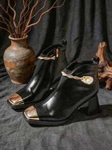 Black Shiny Block Heel Ankle Boots,Square Toe Gold Metal Cap With Pearl Twist Chain,Slim Side Zipper Women High Heel Short Boots For Commute & Dating - Black - View 7