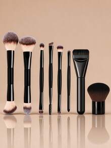 11/8/3pcs Professional Black Makeup Brush Set (Includes 3 Triangle Powder Puffs), Soft Synthetic Fiber Bristles, Multi-Functional Face And Eye Makeup Tool Set, Suitable For Foundation, Blush, Eyeshadow And Contouring - Black - View 10