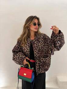 Fashionable Women's Leopard Print Woven Baseball Jacket, Long Sleeve Flight Jacket With Pockets And Zipper, Autumn/Winter Outfit Essential - Brown - View 9