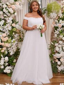 Plus Size Off Shoulder Wedding Dress Floor Length Formal Bridal Event Bachelorette Bridal Shower Brunch Engagement Reception Rehearsal Party Elegant - White - View 2