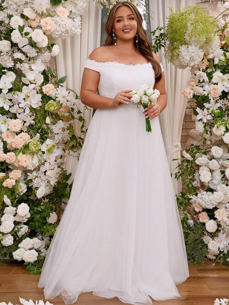 Plus Size Off Shoulder Wedding Dress Floor Length Formal Bridal Event Bachelorette Bridal Shower Brunch Engagement Reception Rehearsal Party Elegant