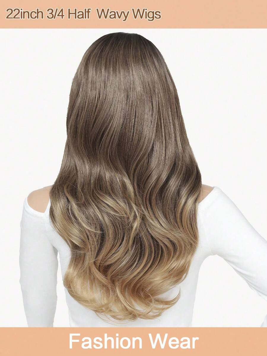 22inch Wavy Hair Extension Ombre Brown With Dark Root And Light Tail Hair Pieces For Women Synthetic Long 3/4 Half Wig For Daily Use