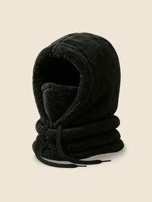 1pc/2pcs Unisex Solid Color Plush Balaclava, Drawstring Windproof Integrated Hood Scarf Face Mask, Thickened Warm Winter Neck Warmer Hat, Suitable For Outdoor Cycling - Multicolor - View 18