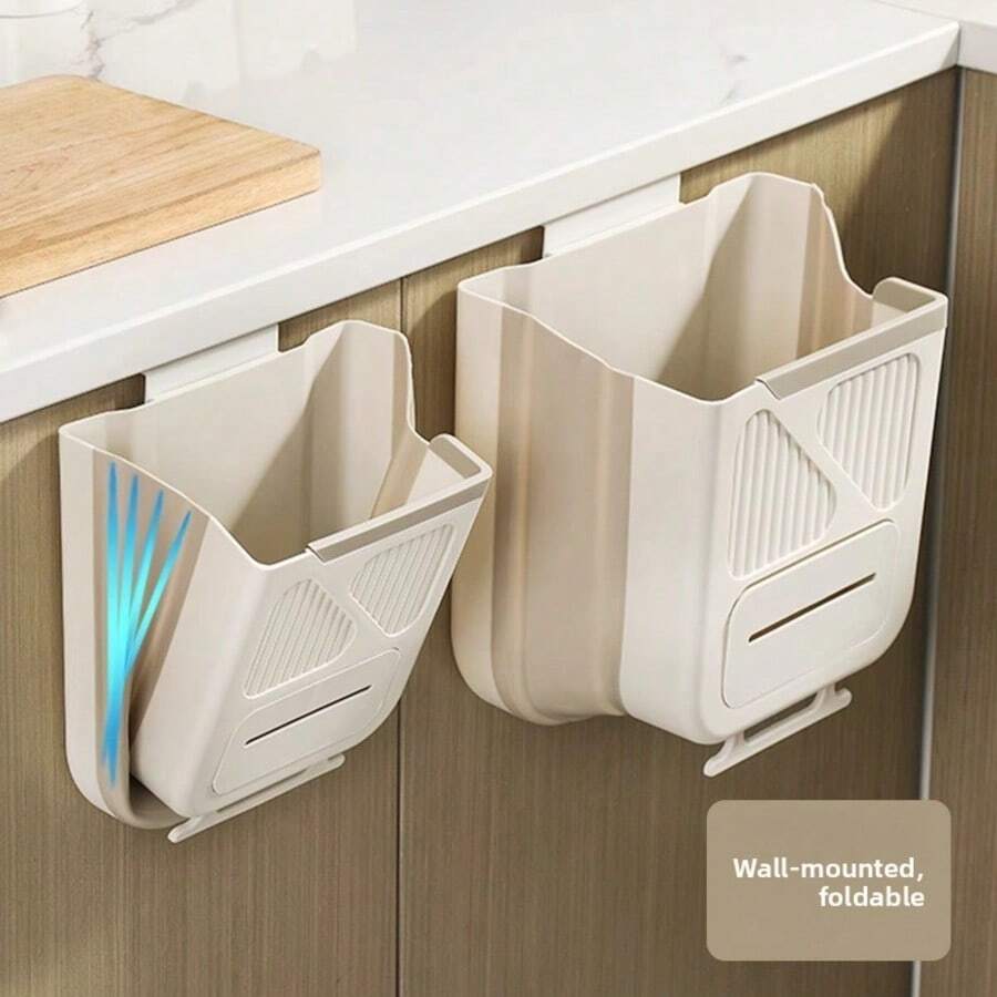 Wall-Mounted Foldable Trash Can, Cabinet Door Hanging Plastic Waste Basket, PP Material Storage Bin, Suitable For Kitchen, Bathroom, Home, Dorm, Car, Apartment Hanging Trash Can - Grey - View 1