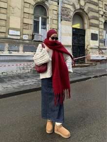 1PC Women's Autumn/Winter New Plush Tassel Scarf, Warm And Comfortable Large Shawl, Windproof And Warm For Outdoor Travel, Simple And Versatile For Daily Wear - 13-wine Red - View 2