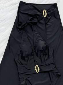 SwimNova Sexy Style Black Halter One-Piece Swimwear For Women With Long Skirt, Vacation Style Bikini - Black - View 4