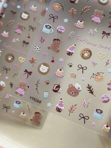 Cartoon Dessert Bear Nail Stickers, 3D Embossed Cake, Donut, Bow Cute Style Nail Decals - Multicolor - View 5