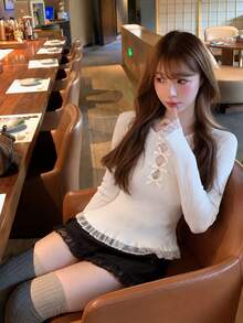 Apricot Lace Patchwork Sweater Women's Autumn/Winter New Long Sleeve Top Bow Pearl Embellished Knit Cardigan - Apricot - View 3