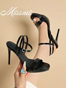 Mature Style Fashionable European & American Black High Heel Shoes For Women, Premium Feel Single Strap Open Toe High Heel Sandals, Stiletto Heels - Black - View 1