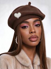 Merlader Style Beret For Women, Autumn And Winter, Heart Pearl Knit Beret Hat, Japanese Retro, Versatile, Face-Slimming, Octagonal Hat, Pumpkin Hat - Multicolor - View 12