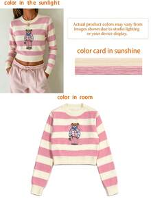 Women's Casual Minimalist Striped Teddy Bear Pattern Cropped Knit Top, Long Sleeve Round Neck Ribbed Contrast Color Cute Pullover Sweater Pink Fall - Pink - View 9