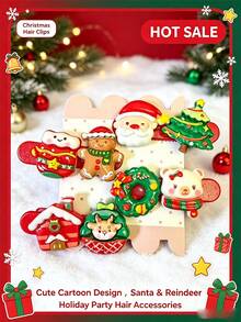 4/6Pcs Cute Cartoon Christmas Hair Clips Set, Santa Tree Bear Reindeer House Barrettes, Xmas Party Hair Accessories, Christmas Stocking Stuffer Gift - Multiple Styles - View 4