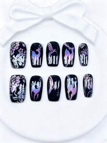 10pcs/Set Handmade Short Square Nail Tips, Y2K Christmas Black Style, Hand-Painted Blue Purple Gradient Glitter Deer Hummingbird Floral Pattern, Suitable For Women & Girls, Includes Tools,For Ladies Press On Nails,Fall Nails,Black Nails,Winter Nails - Black - View 2