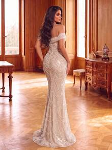 Luxury Beaded Sequin Mermaid Evening Gown, Cold Shoulder Sheer Overlay, Rhinestone Embellished, Suitable For Gala, Wedding, Red Carpet Events And High-End Parties - Champagne - View 2