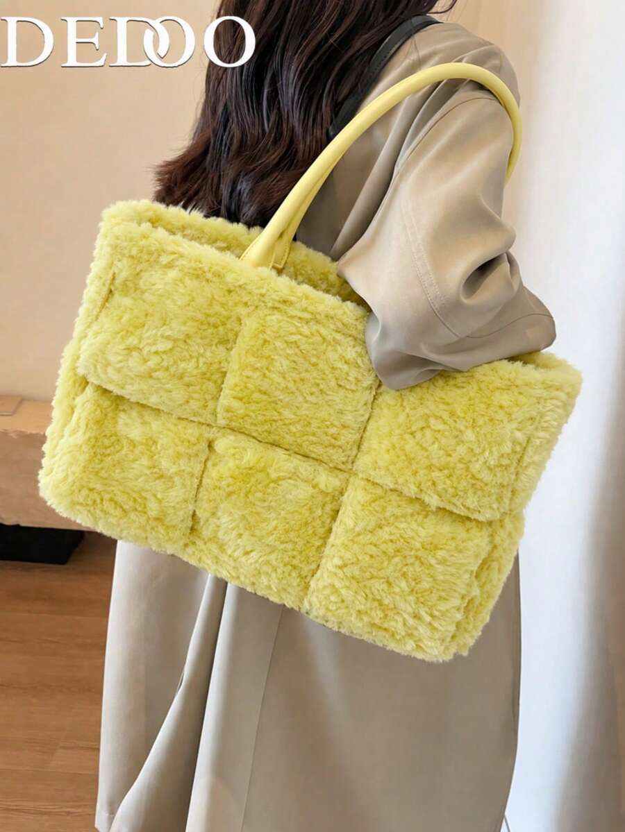 Dedoo 女款編織格紋純色毛絨皮革托特包，長手柄開口大容量極簡通勤旅行包，適合四季使用