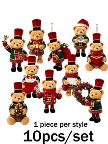10/20pcs Caroon Bear With Hat-Shaped For Christmas Tree Ornaments, Featuring Various Christmas Element Patterns, Suitable For Trees, Homes, Parties, And Holiday Gifts - Festive Atmosphere Decorations, Christmas Tree Decor - Christmas Wooden Bear Ornament - View 6