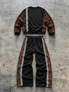 Setelan Olahraga Patchwork Motif Leopard Hitam Pria Krometka, Garis Putih di Samping, Logo Cetak di Dada, Setelan Kasual Dua Potong, Serbaguna untuk Musim Gugur/Dingin - Hitam - View 4