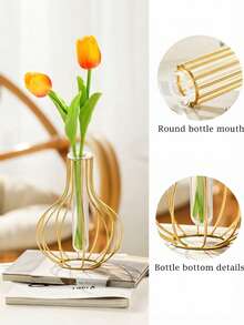 1pc Transparent Glass Vase With Wrought Iron Frame, Geometric Test Tube Shape, Suitable For Hydroponic Flowers, Bohemian Farmhouse Style Desktop, Mantel Or Wedding Reception Decor, Perfect As Housewarming Gift Modern Floral Arrangement Base - Gold - View 11